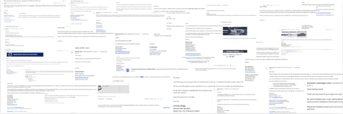 A collection of identical-looking dealership emails showing how they all use the same generic templates and language